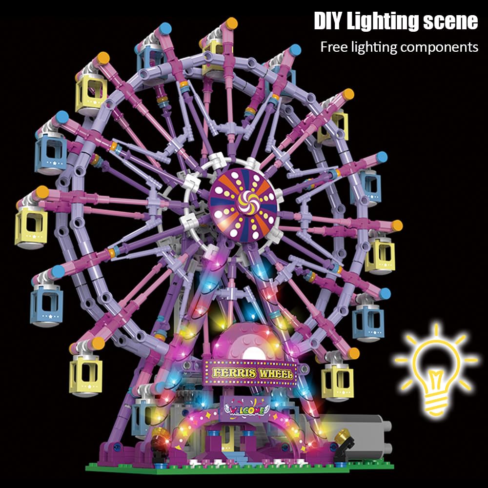 NEWRICE Rotating Ferris Wheel Building Kit with Lights – Pink, 870 Pieces, Amusement Park Construction Toy for 6+