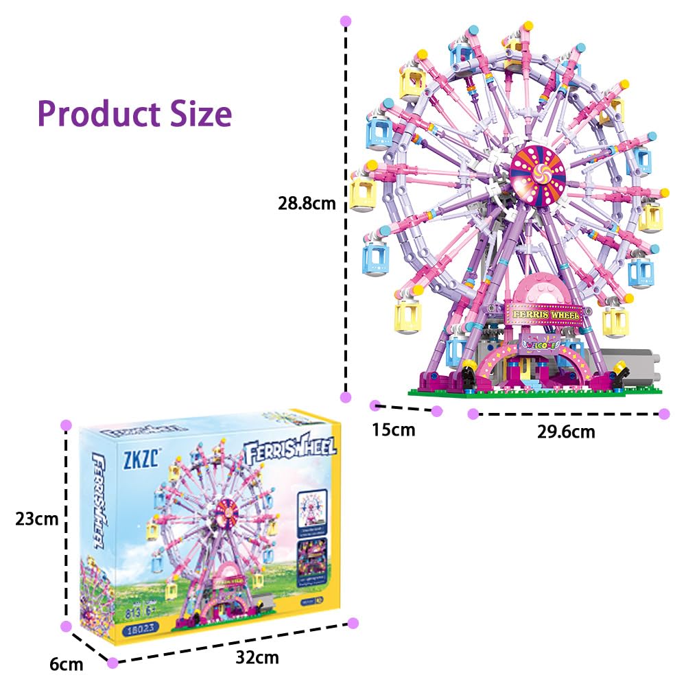NEWRICE Rotating Ferris Wheel Building Kit with Lights – Pink, 870 Pieces, Amusement Park Construction Toy for 6+