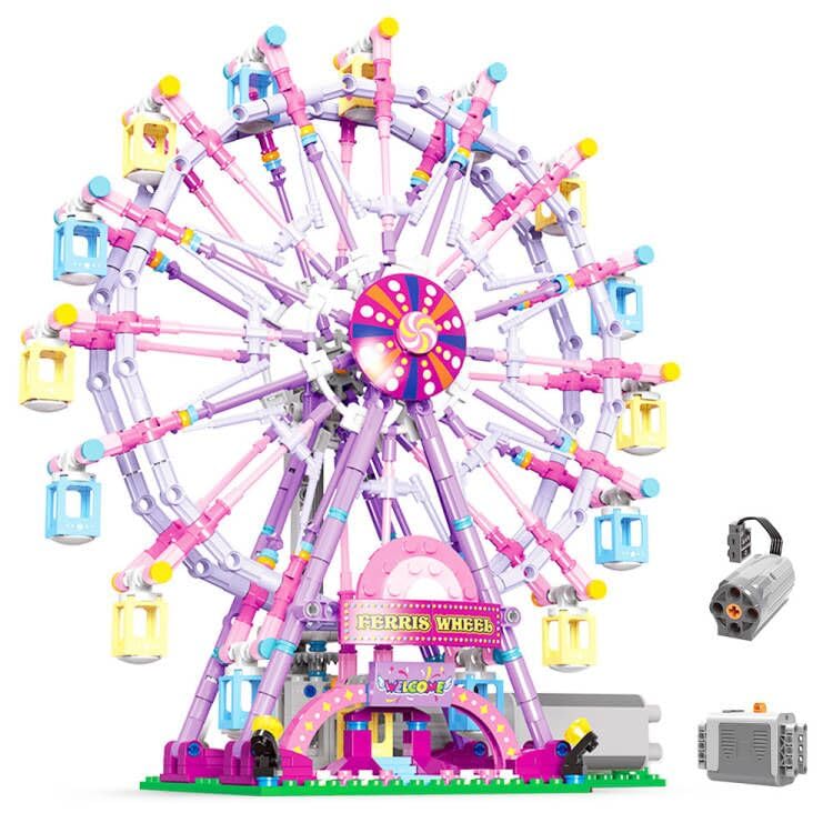 NEWRICE Rotating Ferris Wheel Building Kit with Lights – Pink, 870 Pieces, Amusement Park Construction Toy for 6+