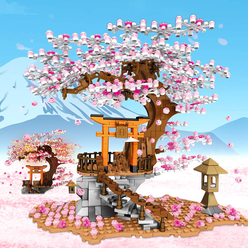 NEWRICE Sakura Tree House Lights Building Kit – 1103 Pieces, LED Inari Shrine Architecture