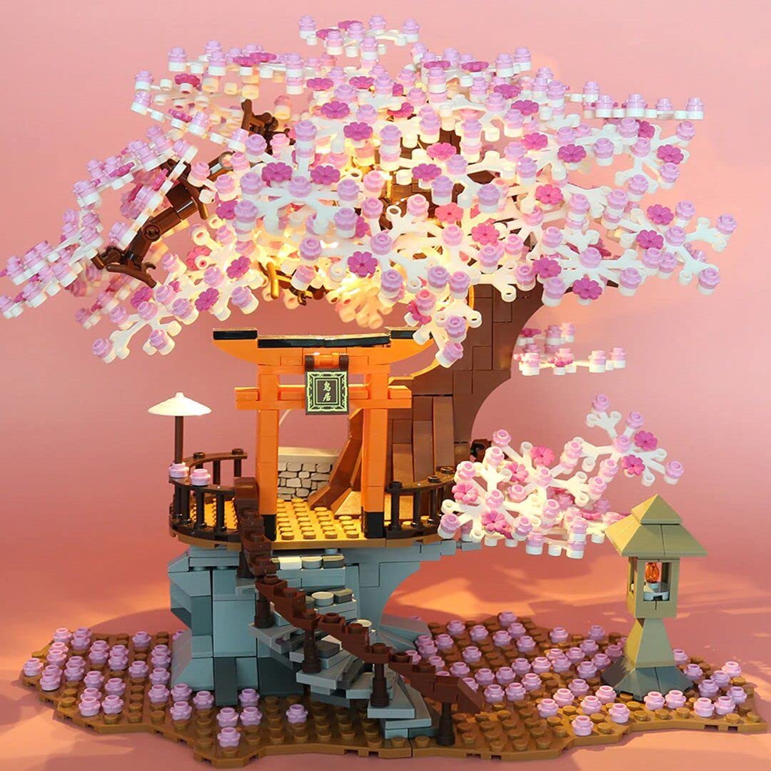 NEWRICE Sakura Tree House Lights Building Kit – 1103 Pieces, LED Inari Shrine Architecture