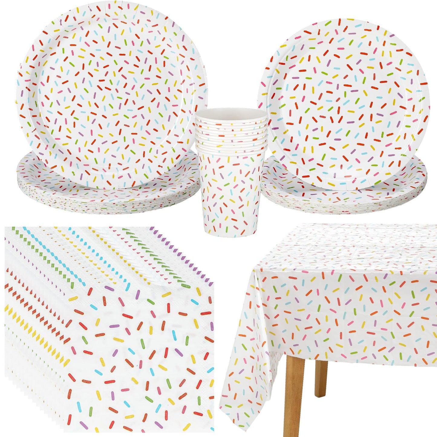 Newtay 97 Pcs Confetti Sprinkles Tableware Set – Tablecloth, Napkins, Plates & Cups for Parties