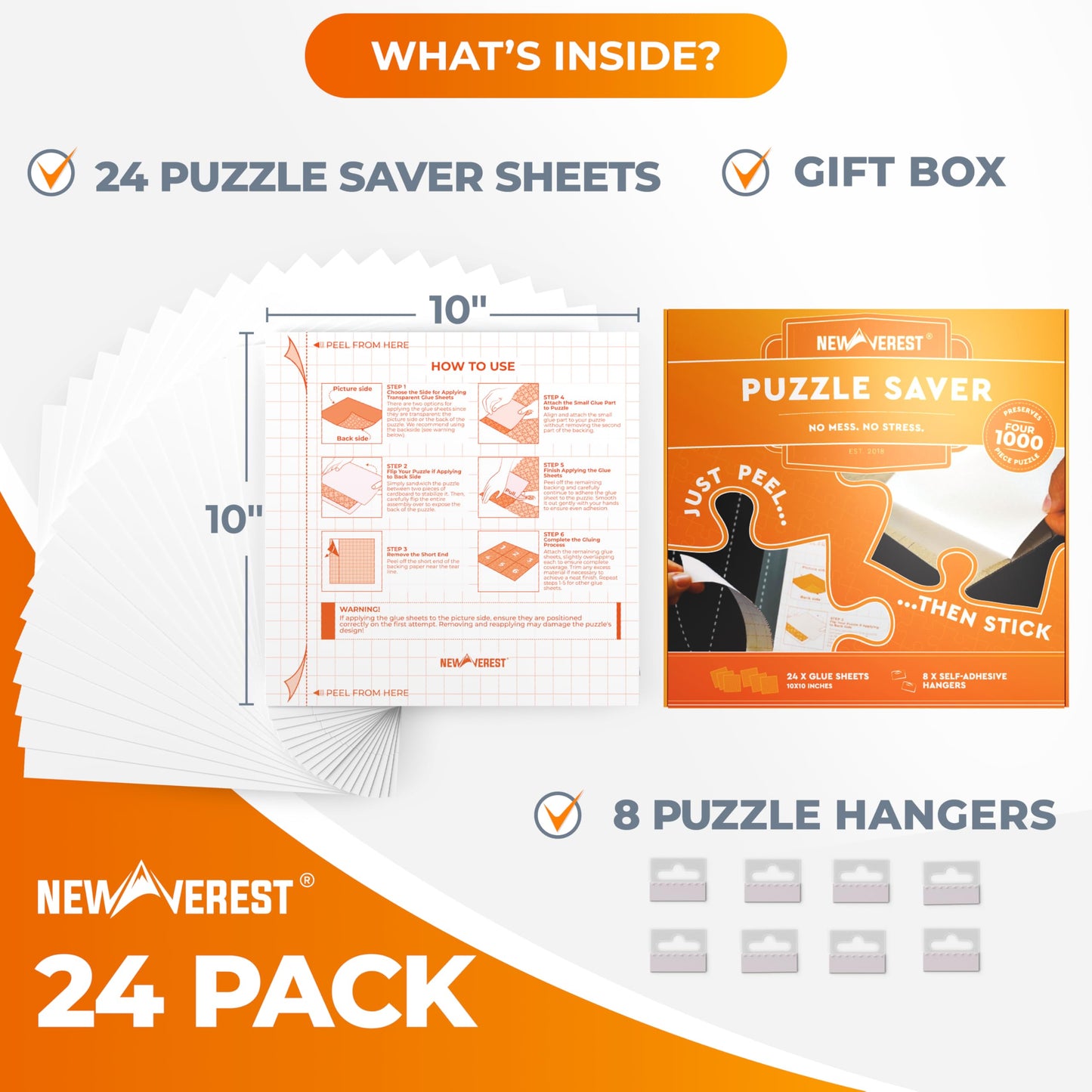 Newverest 24-Pack Puzzle Glue Sheets 10×10″ – Preserve & Display 4×1000-Piece Puzzles with Peel & Stick Saver & 8 Adhesive Hangers