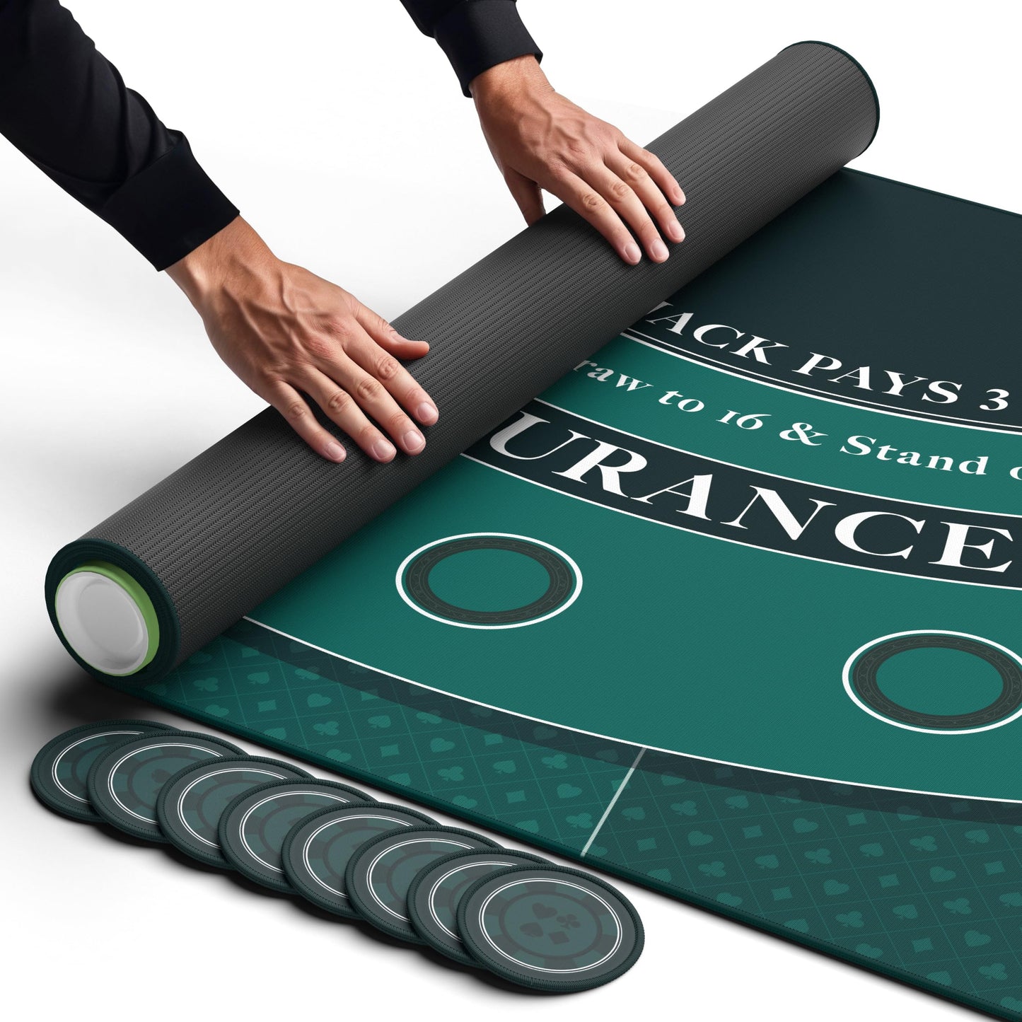 Newverest Blackjack Mat 70x35 – Home Casino Table Top with 8 Coasters & Gift Box (Green)