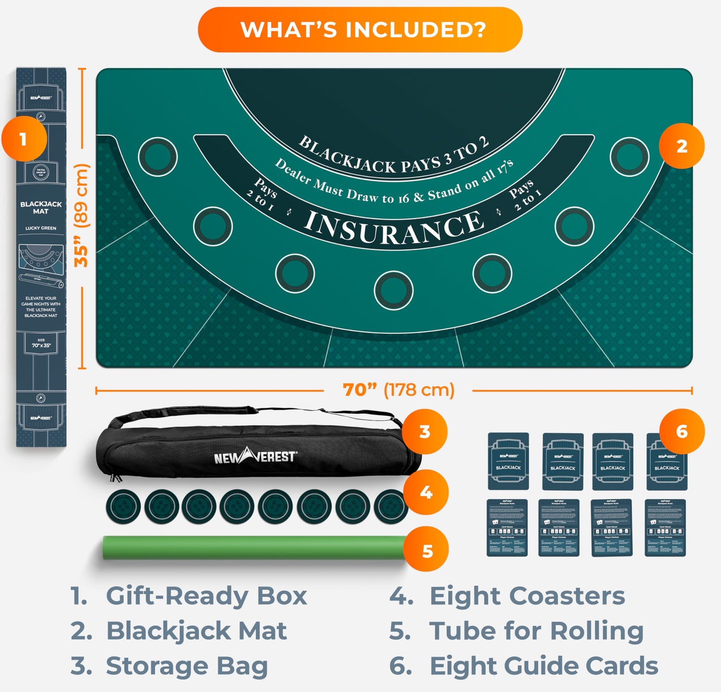 Newverest Blackjack Mat 70x35 – Home Casino Table Top with 8 Coasters & Gift Box (Green)