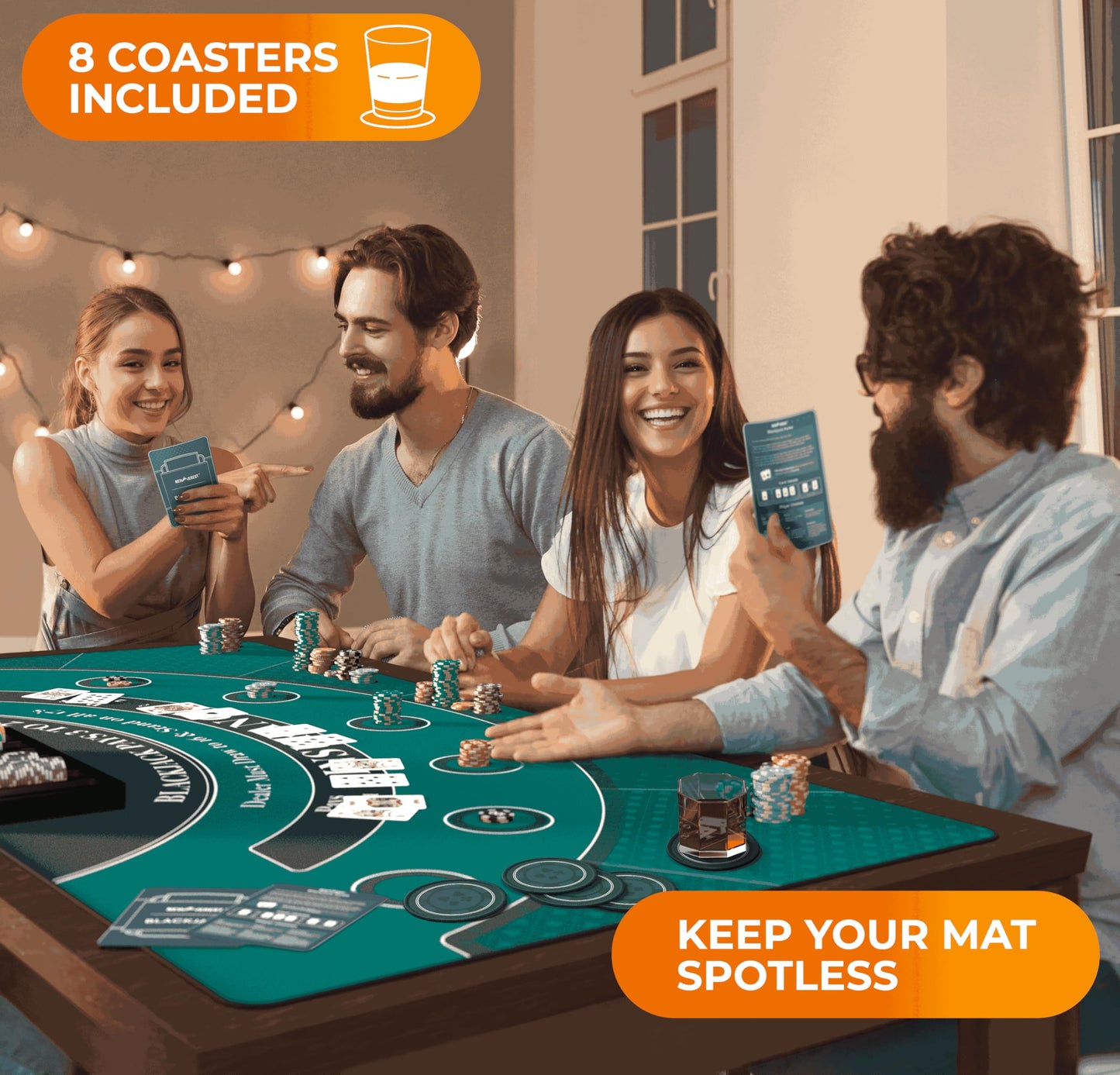 Newverest Blackjack Mat 70x35 – Home Casino Table Top with 8 Coasters & Gift Box (Green)