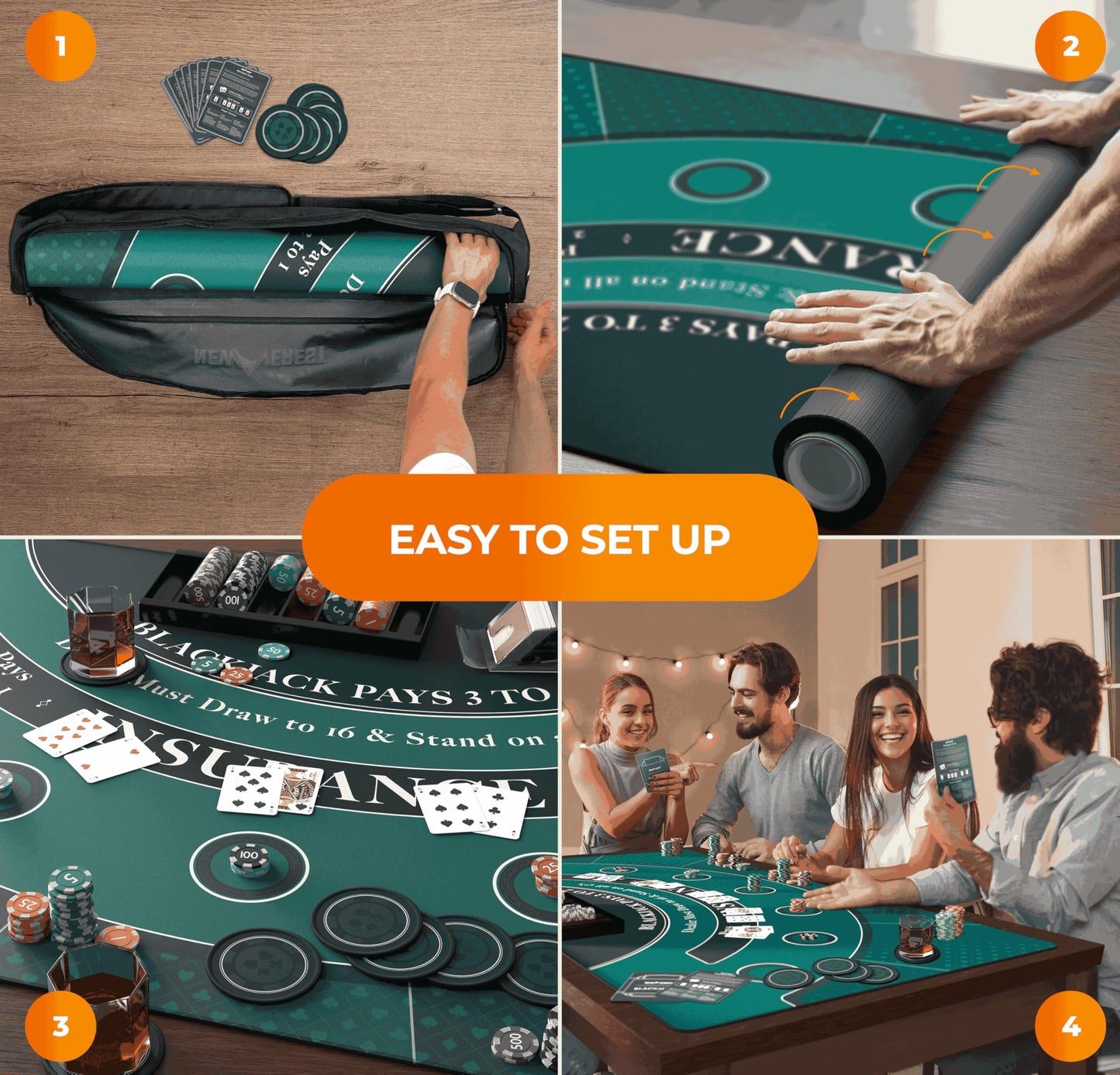 Newverest Blackjack Mat 70x35 – Home Casino Table Top with 8 Coasters & Gift Box (Green)