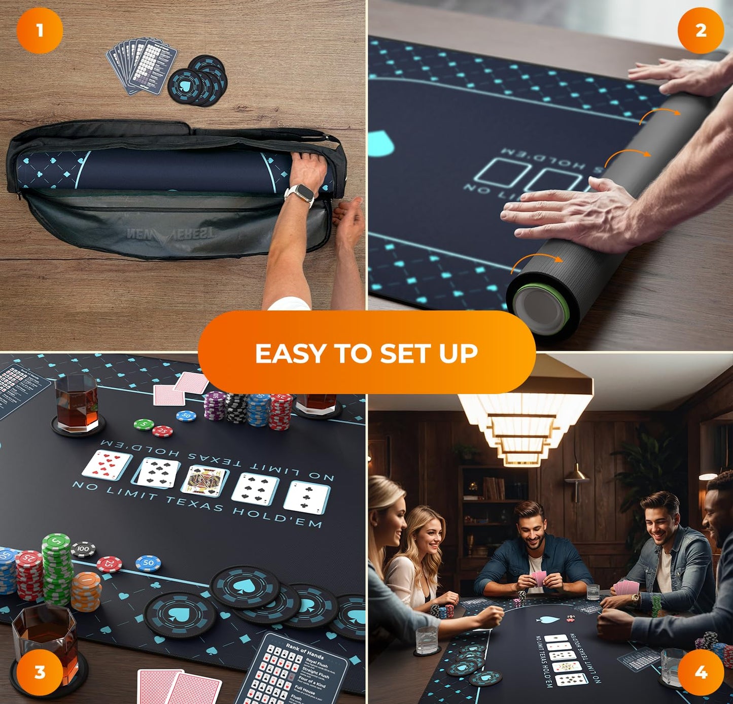 Newverest Poker Table Top 70x35 | Texas Hold'em Mat for Home Games up to 10 Players | Zipper Storage Bag + 8 Coasters