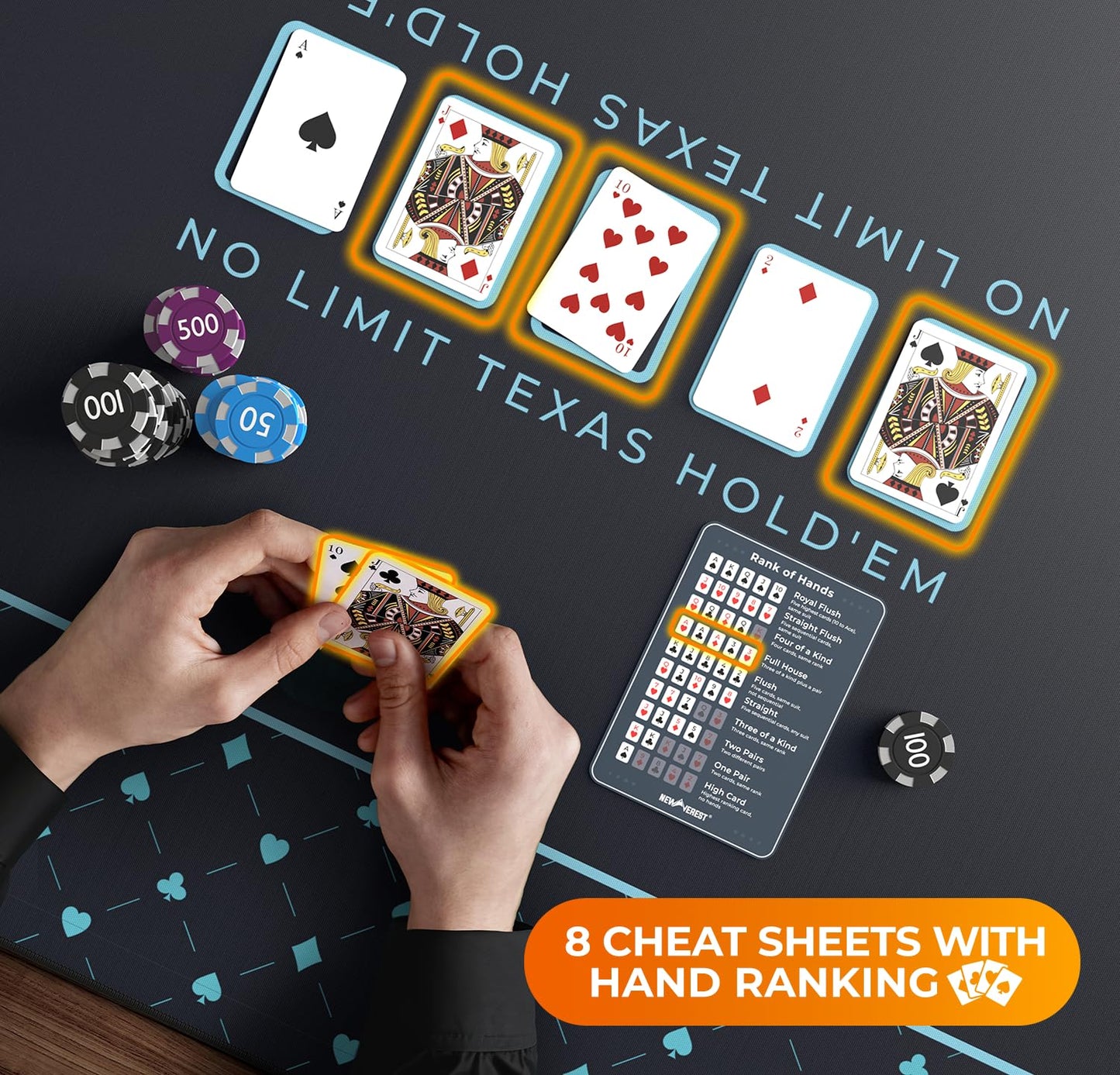 Newverest Poker Table Top 70x35 | Texas Hold'em Mat for Home Games up to 10 Players | Zipper Storage Bag + 8 Coasters