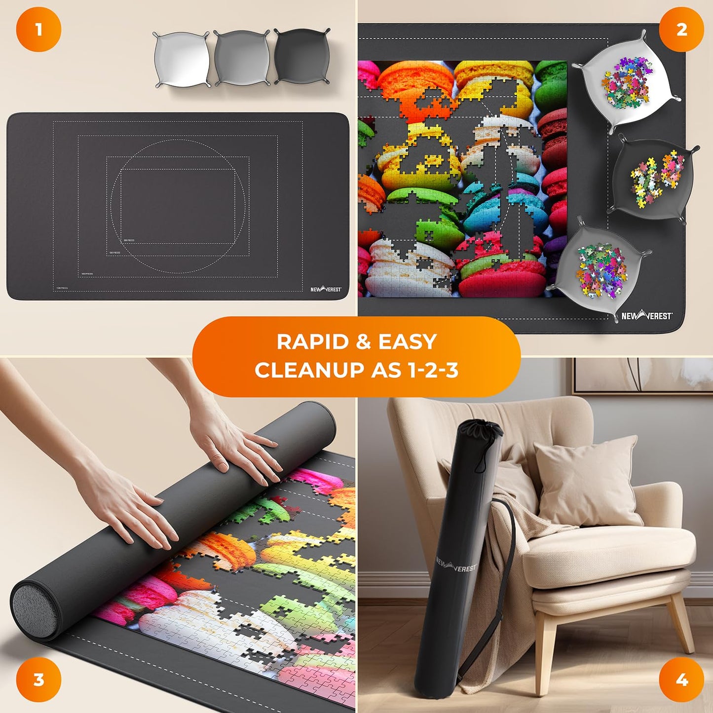 Newverest Original Jigsaw Puzzle Mat Roll Up – 46” x 26” Portable Saver for Up to 1500 Pieces with 3 Sorting Trays