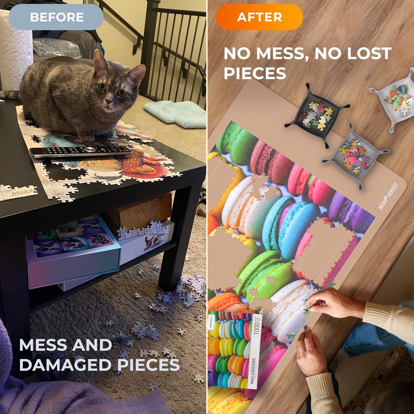 Newverest The Original Puzzle Mat Roll Up – Rose Gold, 46” x 26”, Up to 1500 Pieces, Non-Slip Bottom, 3 Sorting Trays & Travel Bag