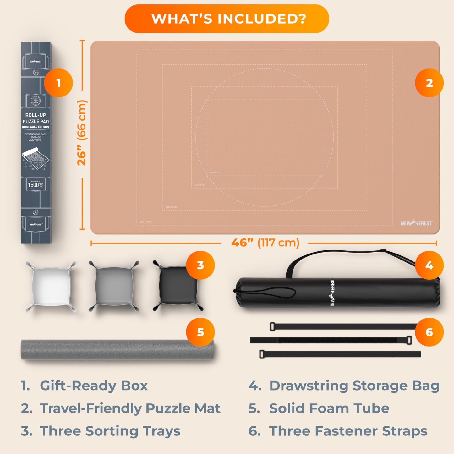 Newverest The Original Puzzle Mat Roll Up – Rose Gold, 46” x 26”, Up to 1500 Pieces, Non-Slip Bottom, 3 Sorting Trays & Travel Bag