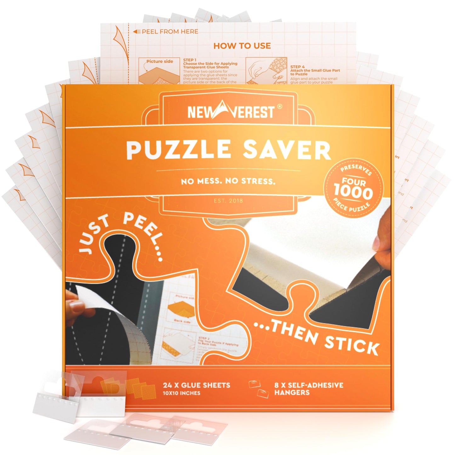 Newverest 24-Pack Puzzle Glue Sheets 10×10″ – Preserve & Display 4×1000-Piece Puzzles with Peel & Stick Saver & 8 Adhesive Hangers