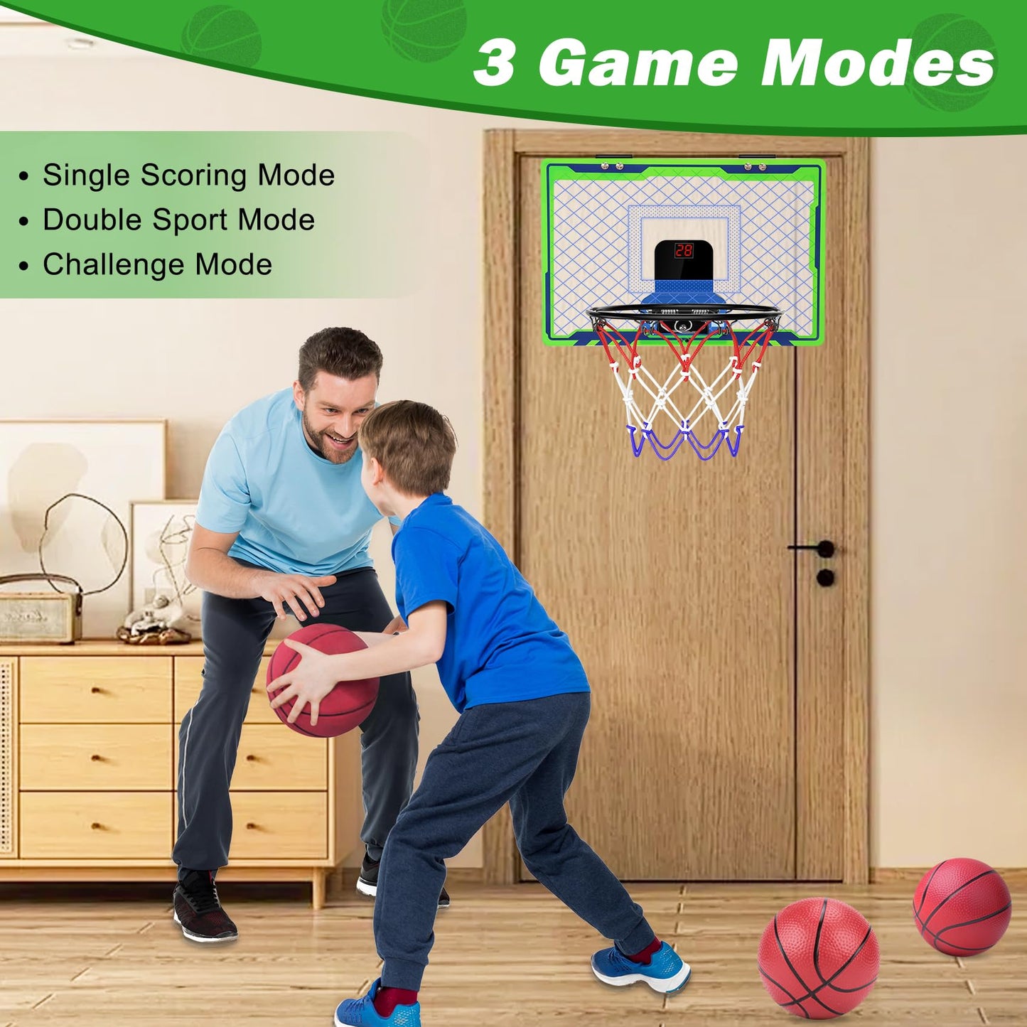NEXBOX Mini Over-The-Door Basketball Hoop – Indoor Kids Basketball Set with Scoreboard
