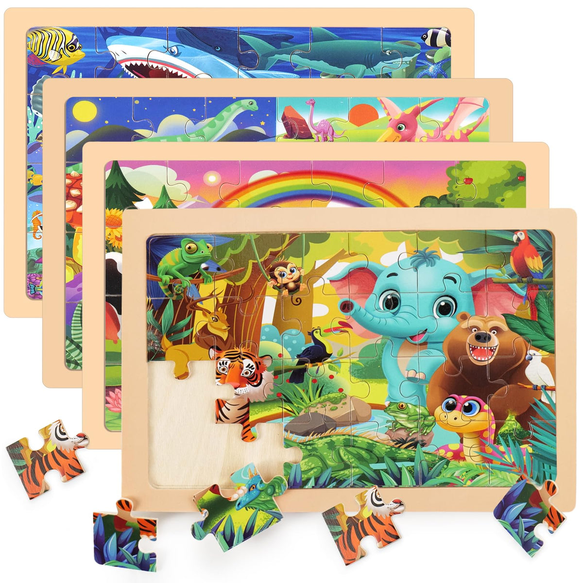 Nexority 4 Pack Wooden Puzzles for Kids 3-8 | Montessori Jigsaw Toys