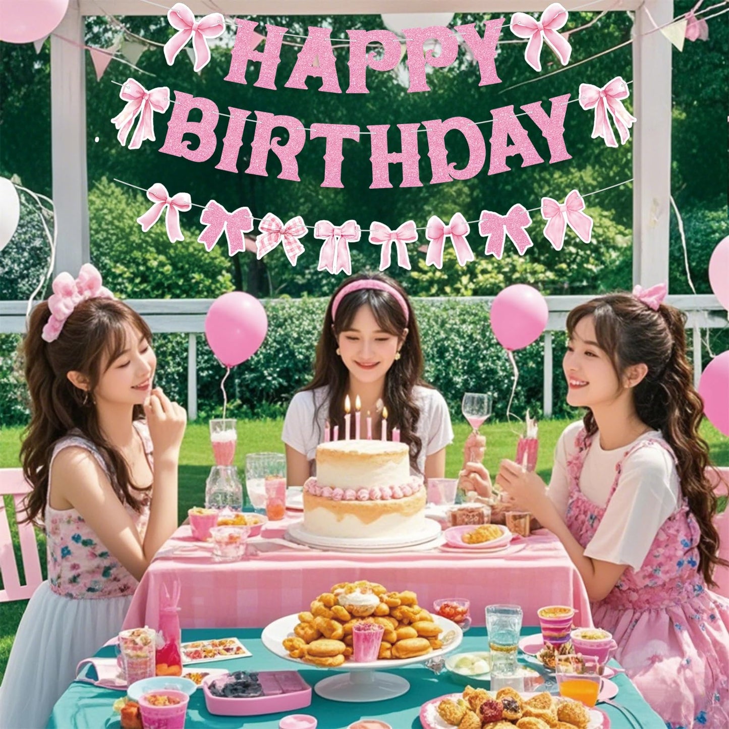 Neyeidru Pink Bow Happy Birthday Banner – Coquette Party Decor & Backdrop
