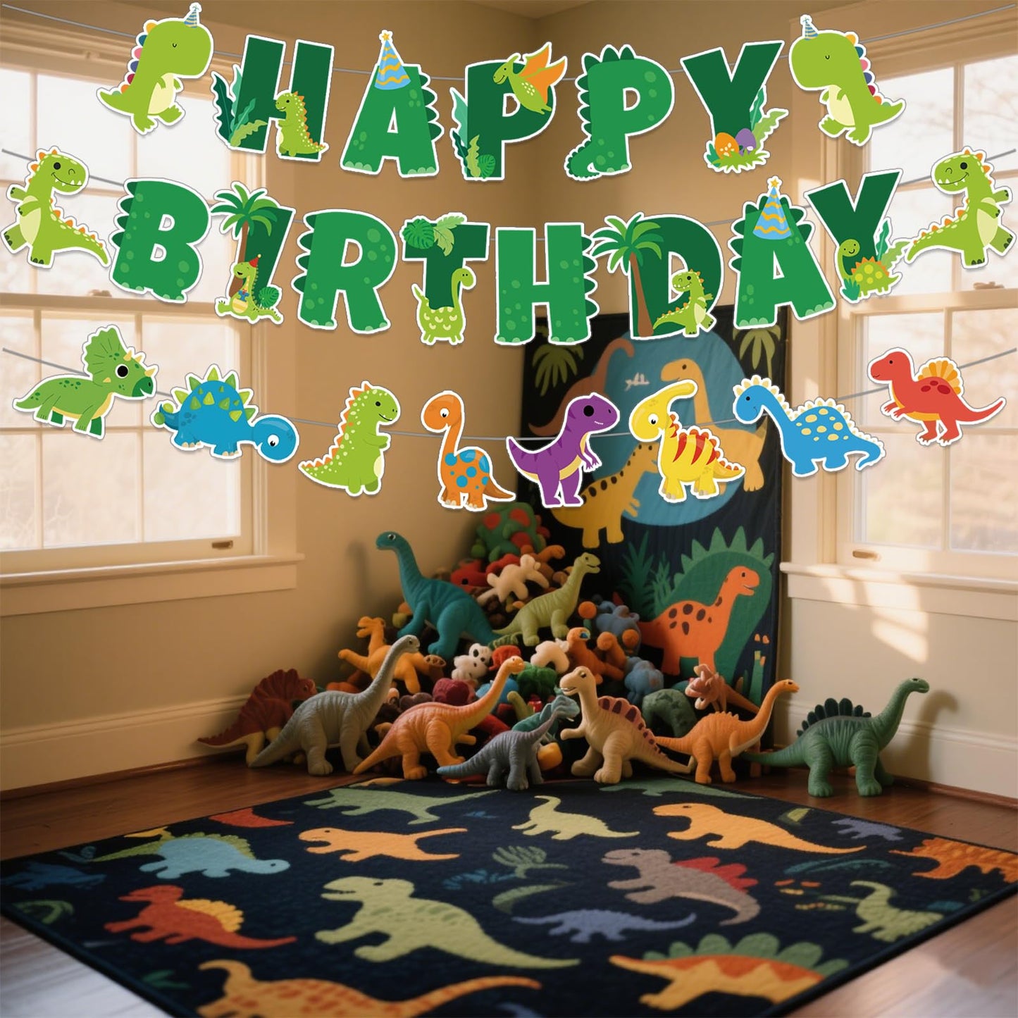Neyeidru Dinosaur Happy Birthday Banner – Dino Theme Party Garland for Kids