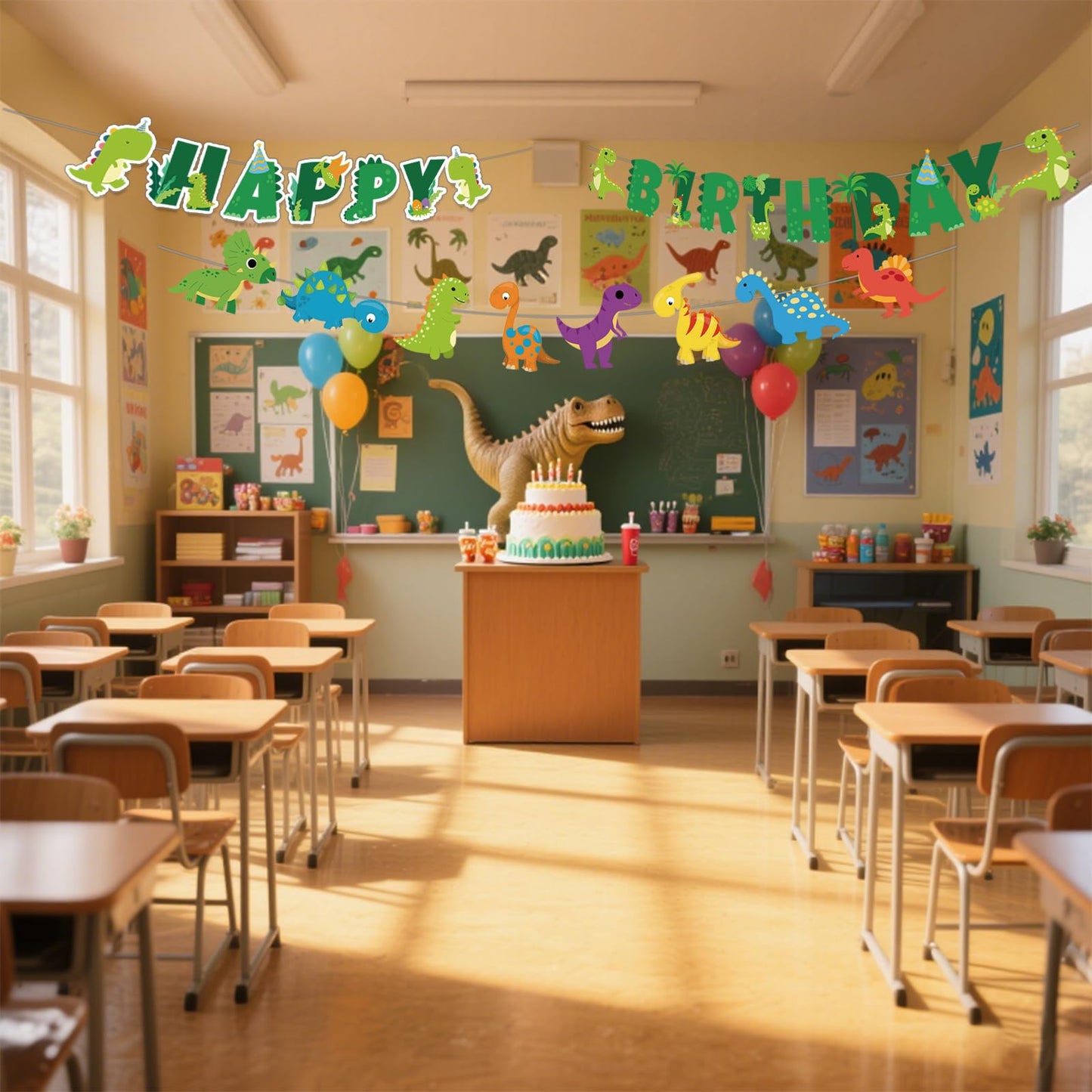 Neyeidru Dinosaur Happy Birthday Banner – Dino Theme Party Garland for Kids