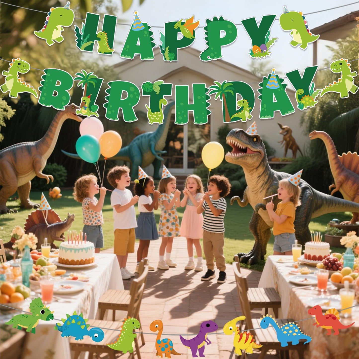 Neyeidru Dinosaur Happy Birthday Banner – Dino Theme Party Garland for Kids