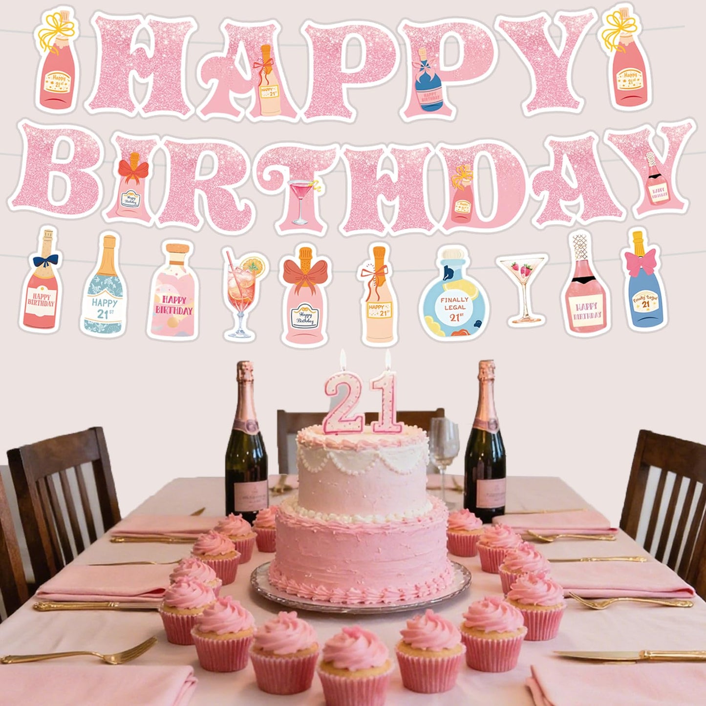 Neyeidru 21st Birthday Decorations | Pink Happy Birthday Banner & Drink Theme Garland
