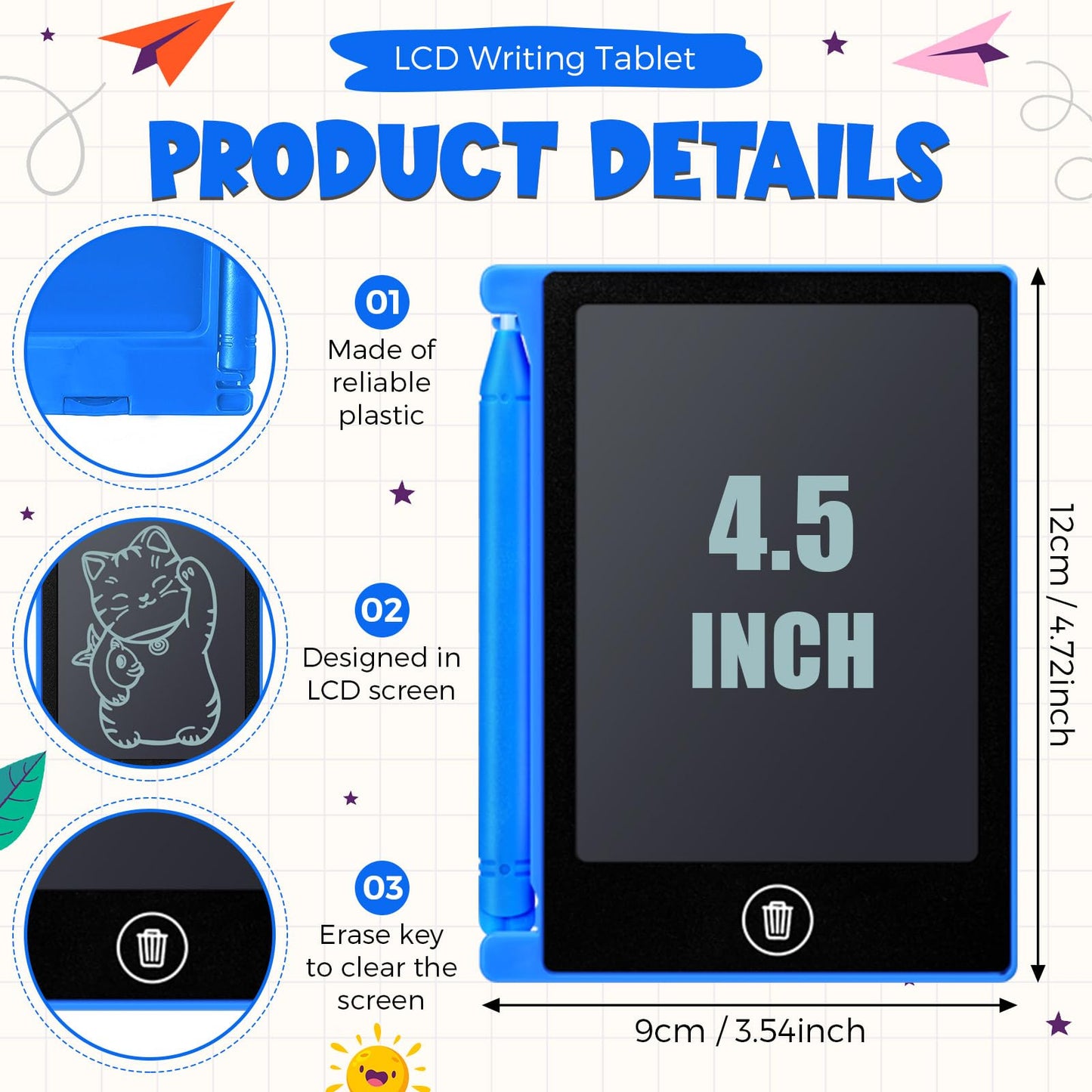 Nezyo 16-Piece 4.5-Inch Mini LCD Writing Tablet for Kids – Blue, Reusable Doodle Board (Bulk Pack)