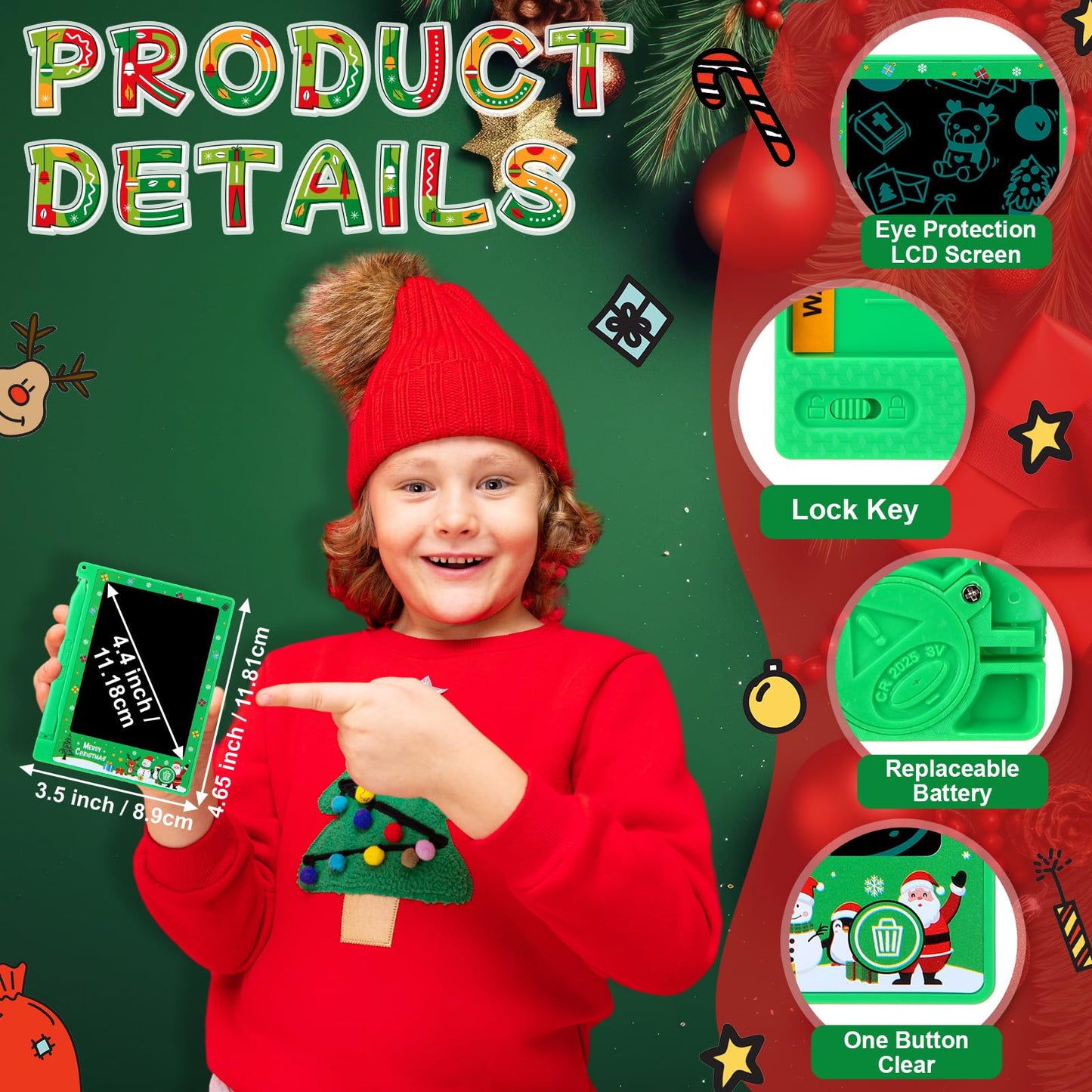 Nezyo 12-Pack Christmas Doodle Tablets | 4.4-Inch Erasable LCD Writing Pads