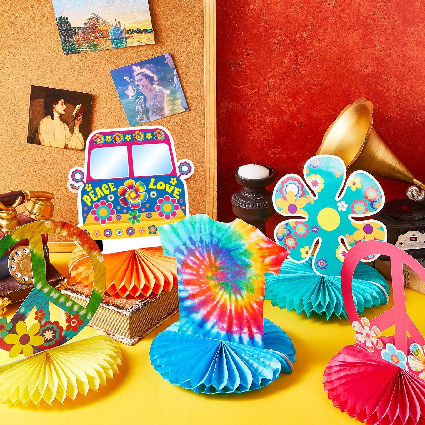 Nezyo 12 Pcs Tie Dye Hippie Party Honeycomb Centerpieces + Peace Sign Cutouts – 60s/70s Themed Table Decor