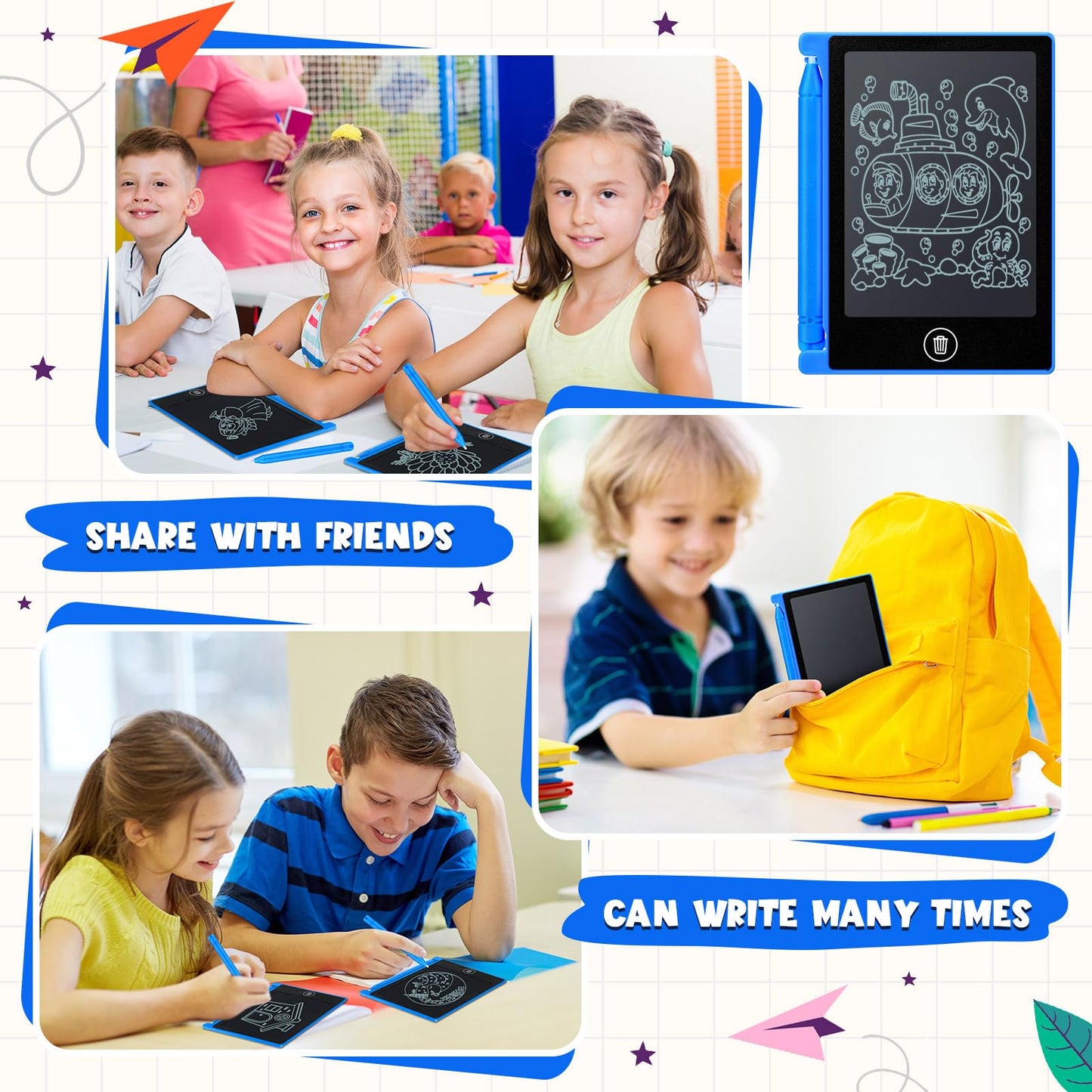 Nezyo 16-Piece 4.5-Inch Mini LCD Writing Tablet for Kids – Blue, Reusable Doodle Board (Bulk Pack)