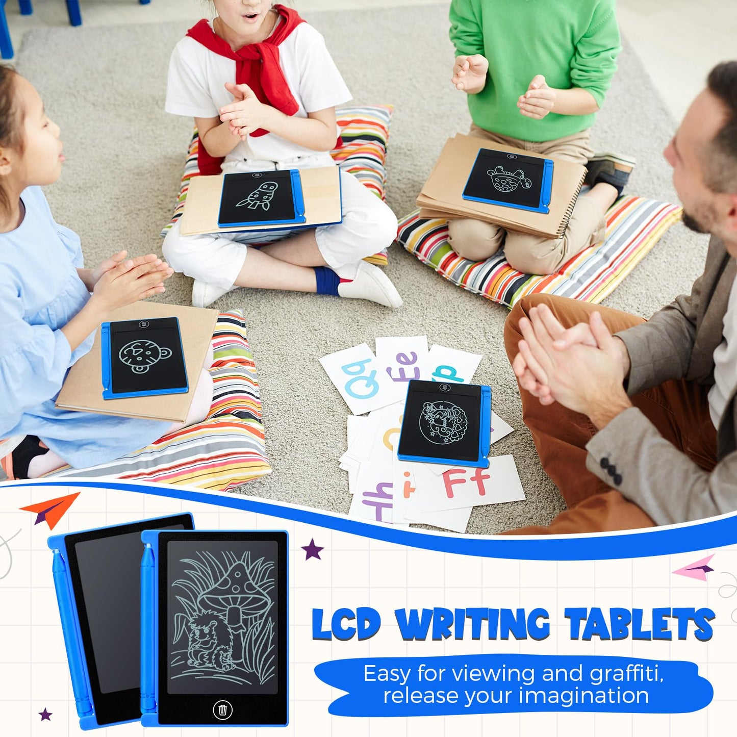 Nezyo 16-Piece 4.5-Inch Mini LCD Writing Tablet for Kids – Blue, Reusable Doodle Board (Bulk Pack)