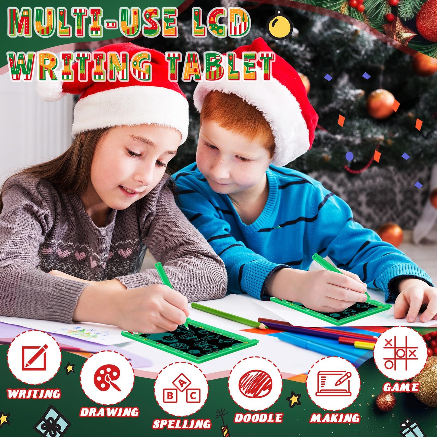 Nezyo 12-Pack Christmas Doodle Tablets | 4.4-Inch Erasable LCD Writing Pads