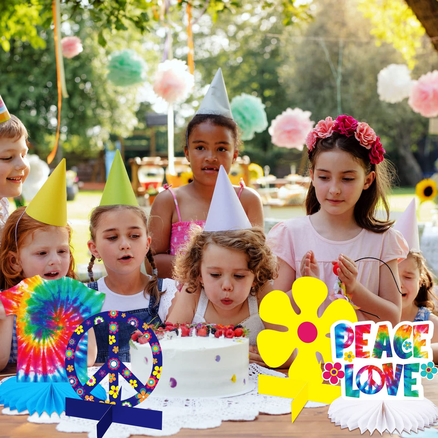 Nezyo 12 Pcs Tie Dye Hippie Party Honeycomb Centerpieces + Peace Sign Cutouts – 60s/70s Themed Table Decor