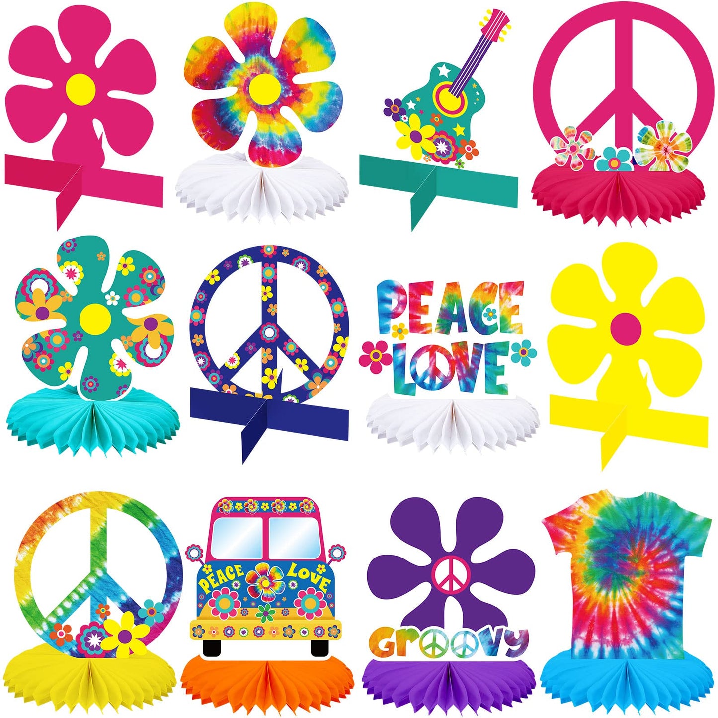 Nezyo 12 Pcs Tie Dye Hippie Party Honeycomb Centerpieces + Peace Sign Cutouts – 60s/70s Themed Table Decor