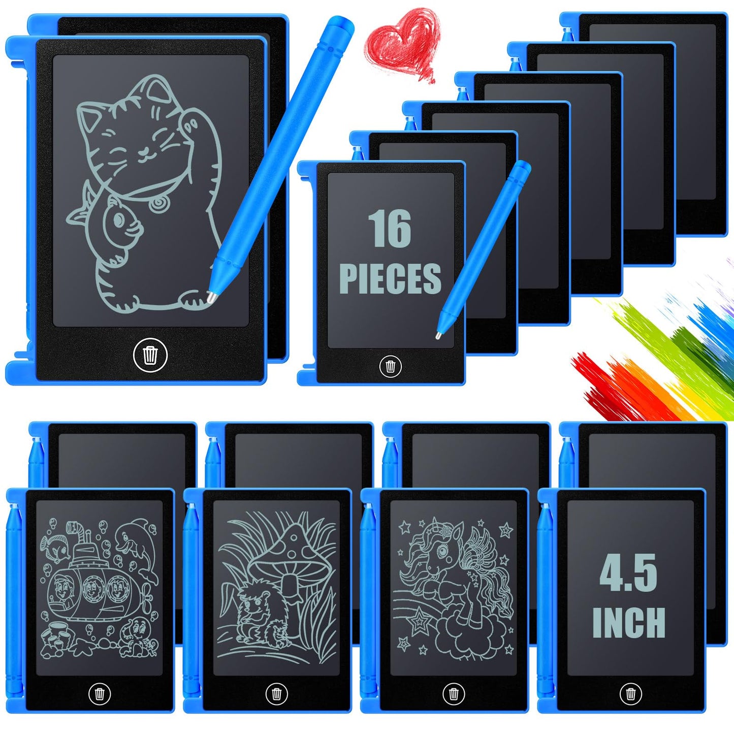 Nezyo 16-Piece 4.5-Inch Mini LCD Writing Tablet for Kids – Blue, Reusable Doodle Board (Bulk Pack)
