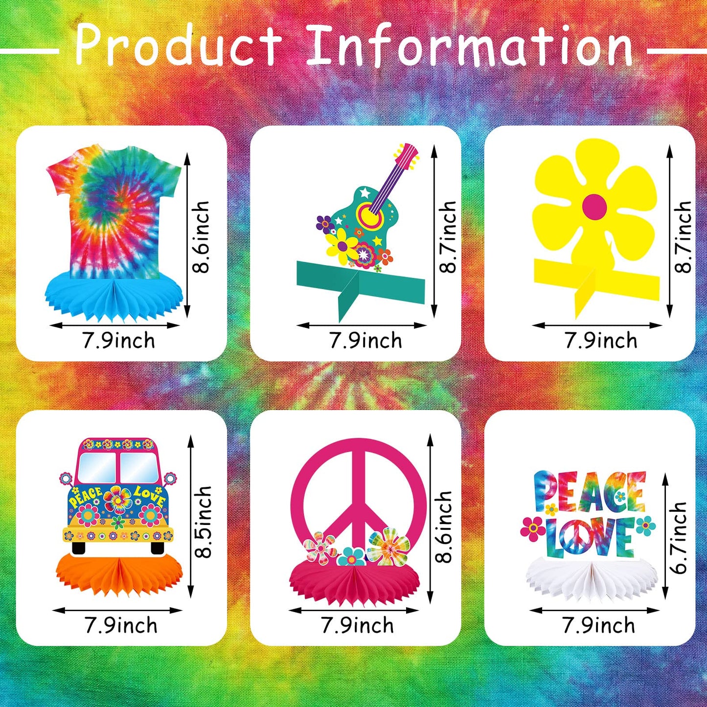 Nezyo 12 Pcs Tie Dye Hippie Party Honeycomb Centerpieces + Peace Sign Cutouts – 60s/70s Themed Table Decor