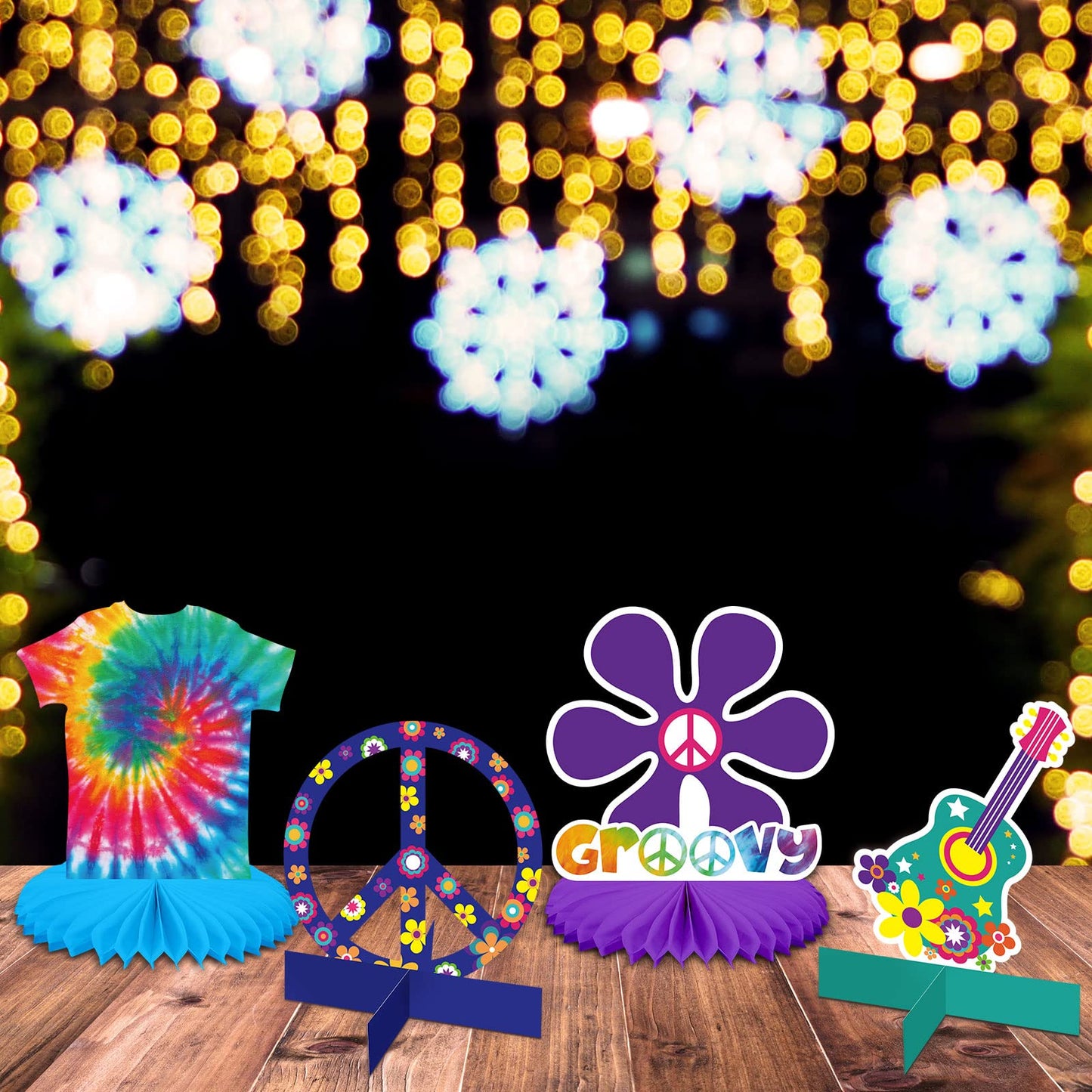 Nezyo 12 Pcs Tie Dye Hippie Party Honeycomb Centerpieces + Peace Sign Cutouts – 60s/70s Themed Table Decor
