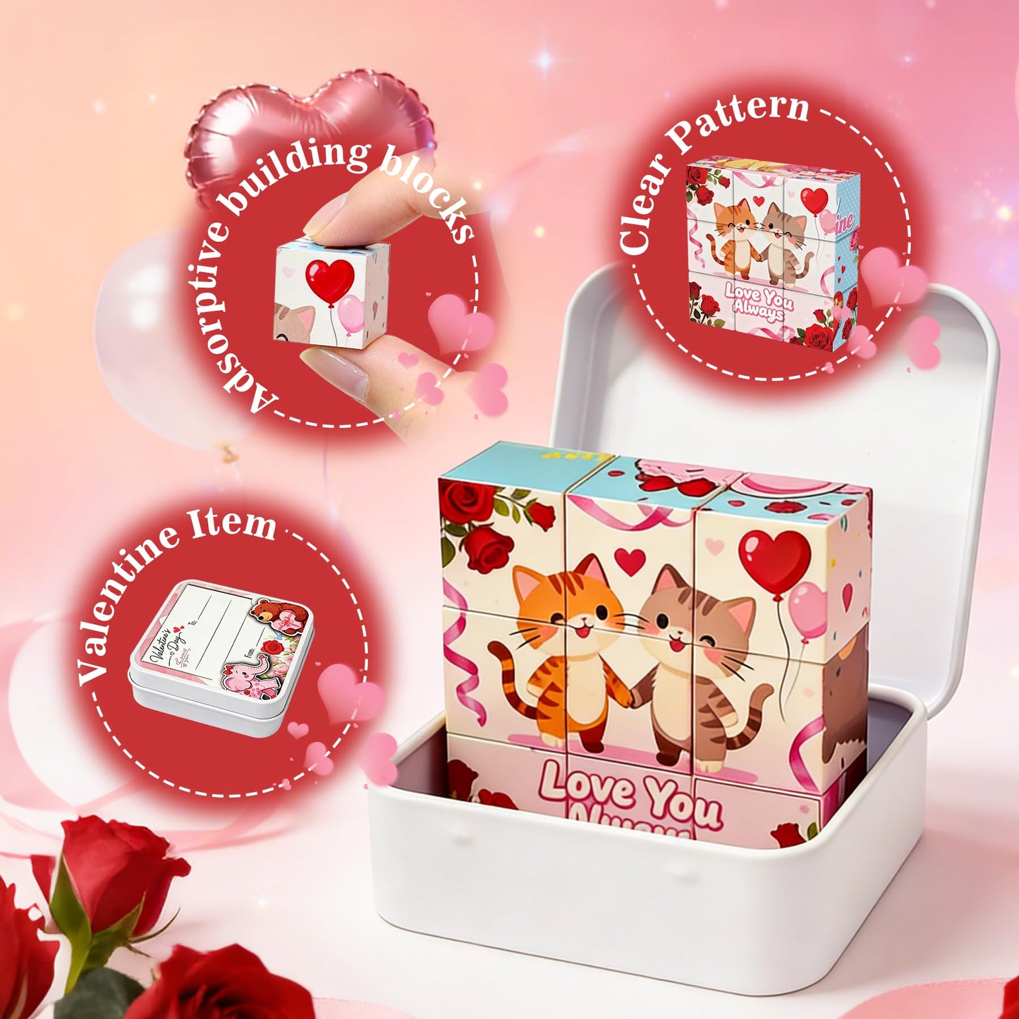Niaosiben Valentines Mini Magnatiles – 9-Piece Magnetic Blocks Gift for Kids (Ages 4-15) | Travel Tin