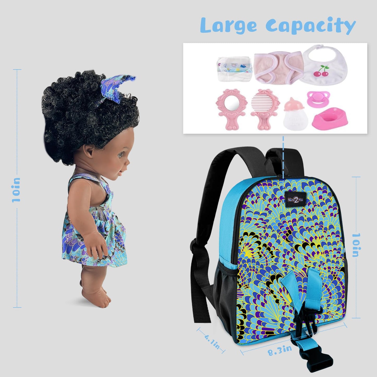 Nice2you Black Baby Doll with Backpack Carrier - 10in for Ages 2+