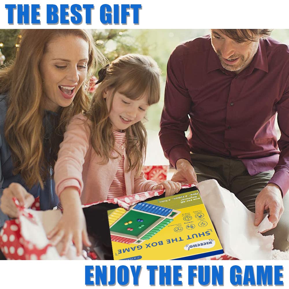 Nicecho Shut The Box Game - 12-Inch Wooden Family Dice Board for 2-4 Players