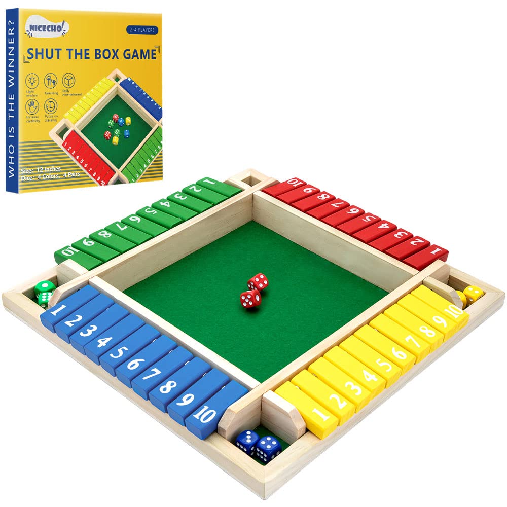 Nicecho Shut The Box Game - 12-Inch Wooden Family Dice Board for 2-4 Players