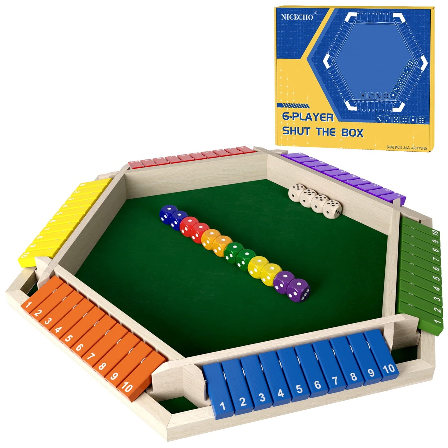 Nicecho Shut The Box Dice Game — Wooden Tabletop Fun for 1-6 Players, Family & Classroom