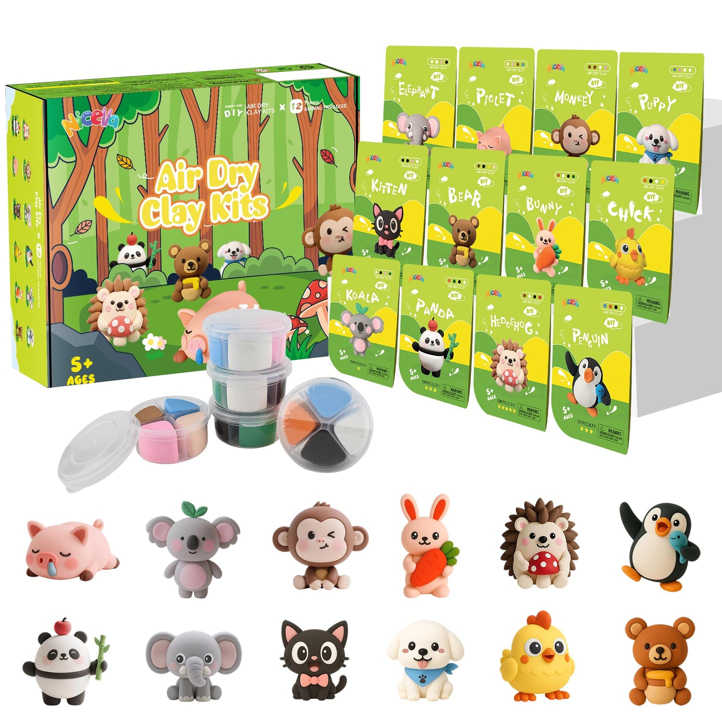 Nicella Air Dry Clay Kit — 12 Animals, Tutorials, Safe & Non-Toxic