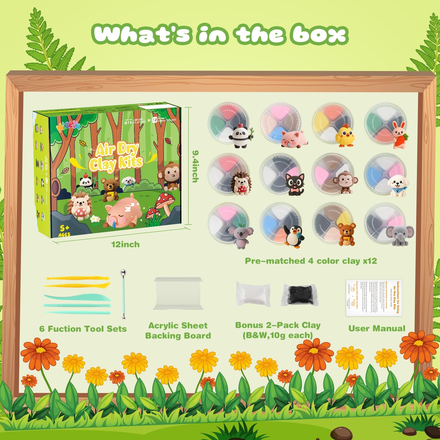 Nicella Air Dry Clay Kit — 12 Animals, Tutorials, Safe & Non-Toxic