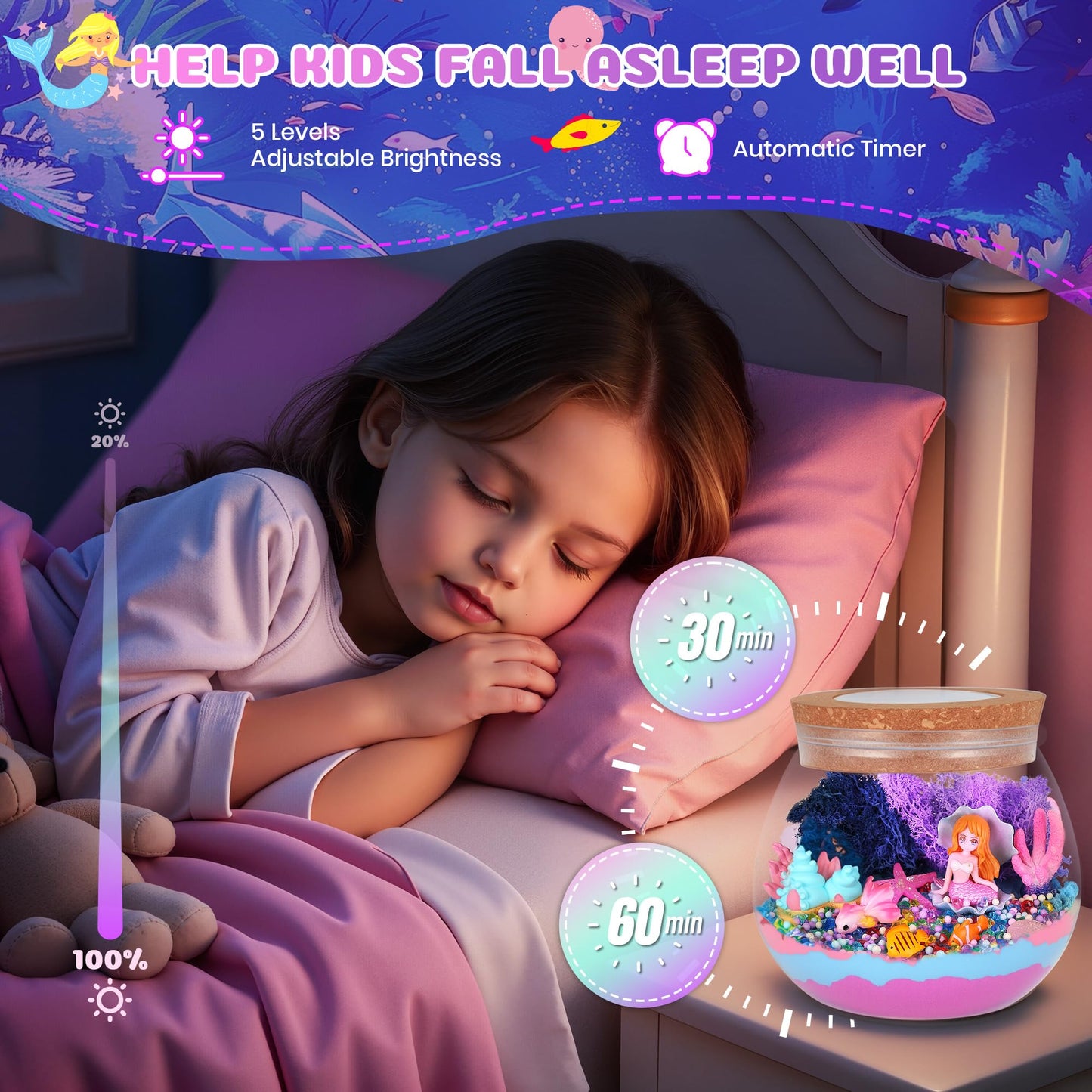 Nicella Mermaid Terrarium Crafts Kit for Kids – LED Night Light with Remote