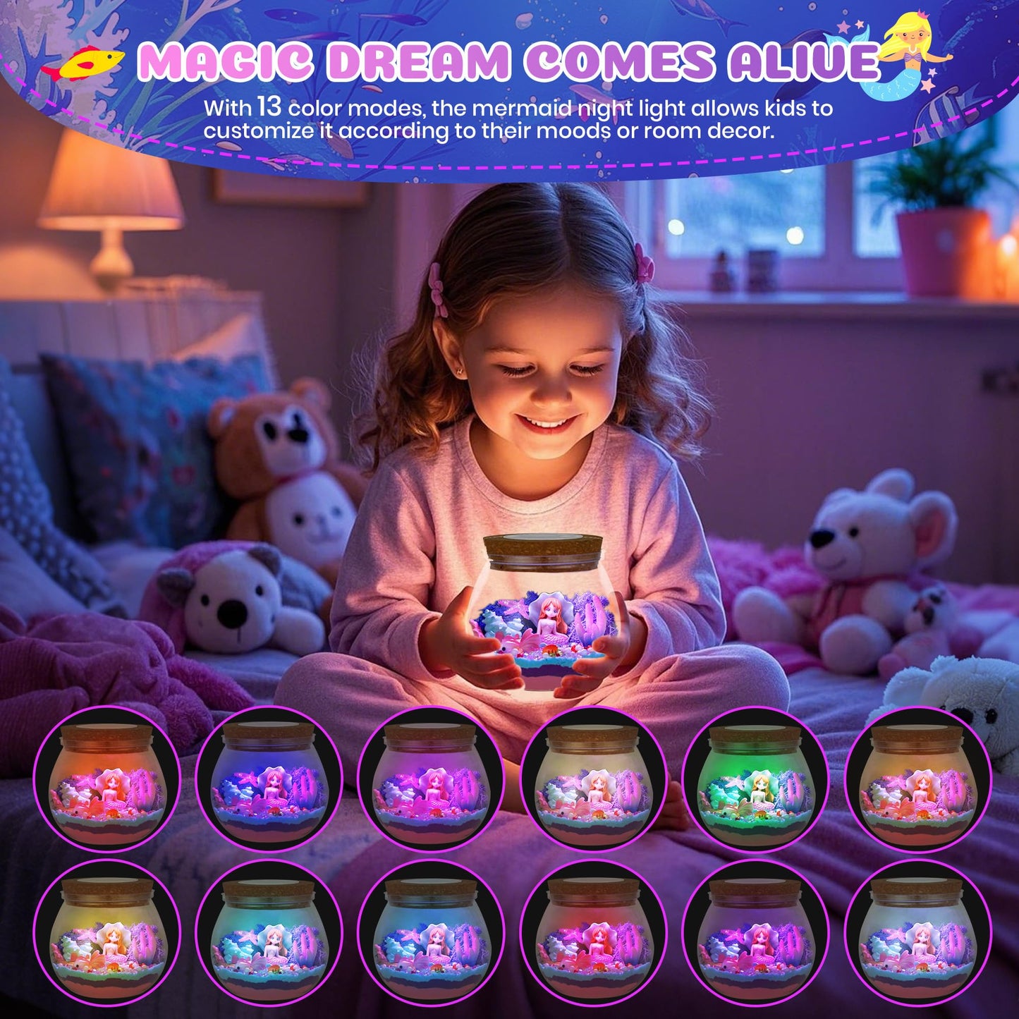 Nicella Mermaid Terrarium Crafts Kit for Kids – LED Night Light with Remote