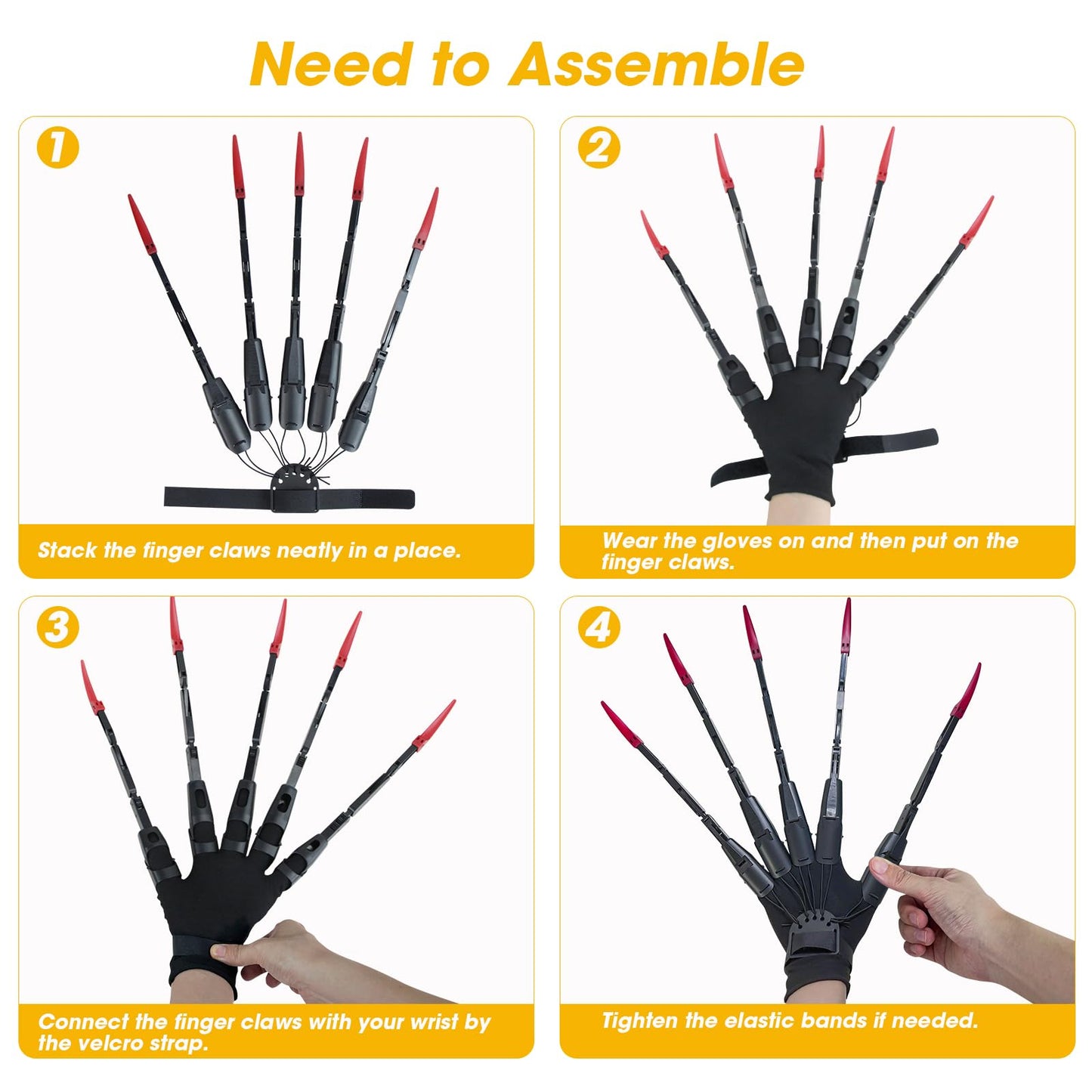 NICENICY Articulated Finger Extensions with Protective Gloves – Halloween Skeleton Claws (Black)