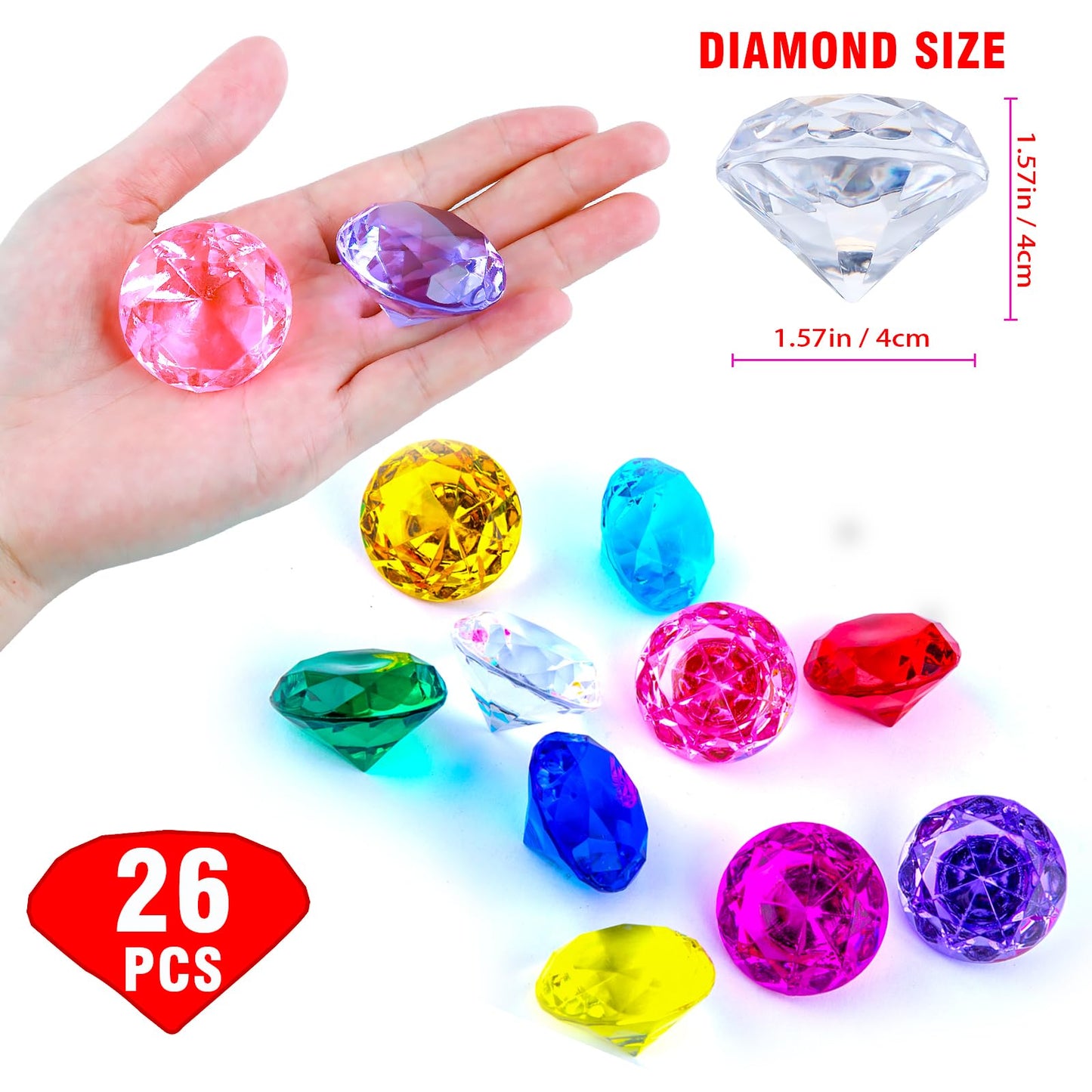 Niceup 26pcs Clear Acrylic Diamonds – 1.57in Gem Toys for Kids, Party Decor & Pool Fun