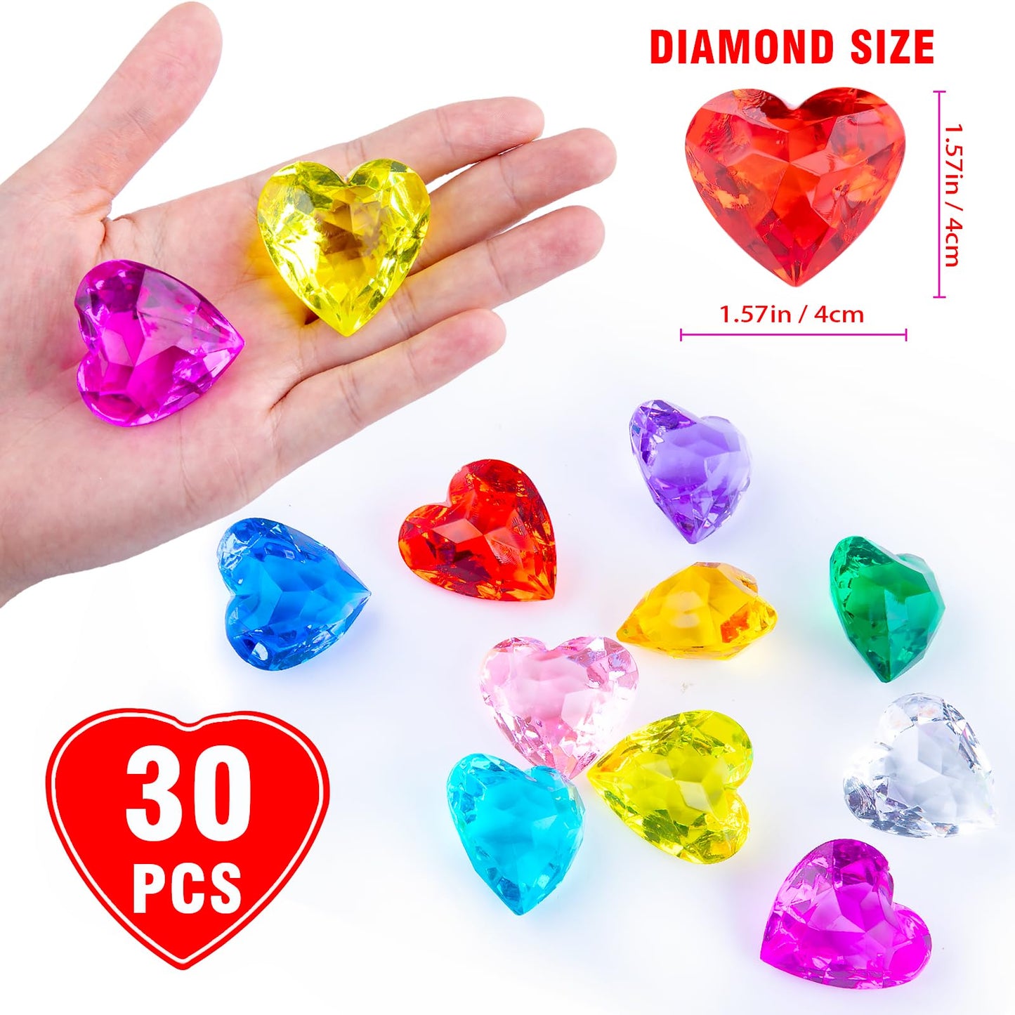 Niceup 30pcs Heart Gemstones – 1.57in Acrylic Heart Diamonds for Pool Toys & Mermaid Treasure Hunts