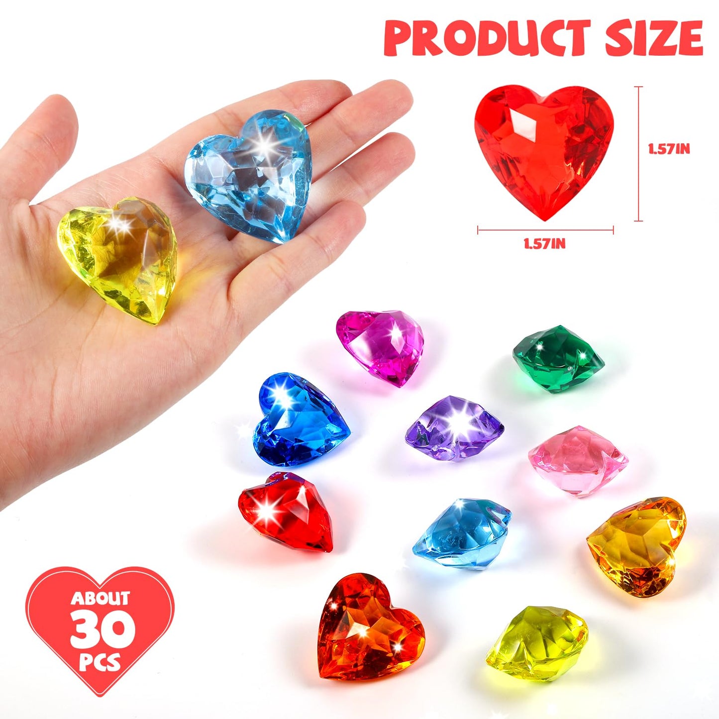 Niceup 30pcs Heart Gemstones — 1.57in Acrylic 3D Hearts for Mermaid Treasure Hunts & Party Favors