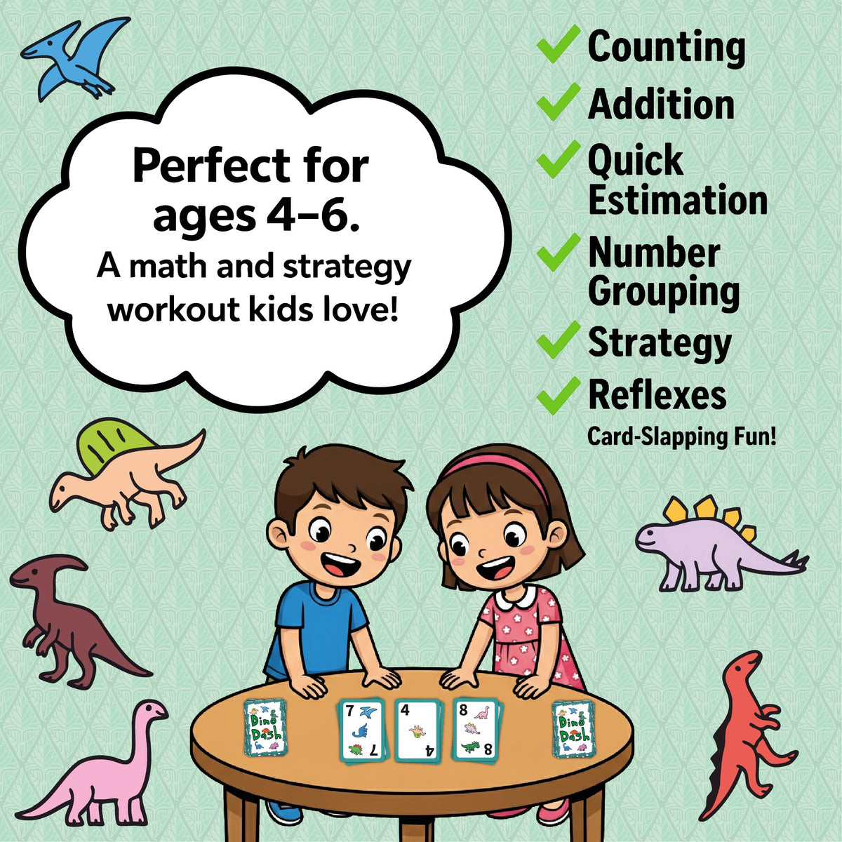 Dino Dash Card Game by Niche Nation Games – Quick Counting for Kids 4–6 (2–4 Players)