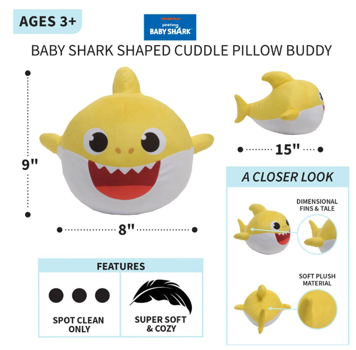 Nickelodeon Baby Shark Plush Cuddle Pillow Buddy - 15-Inch Yellow